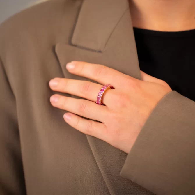 Anello fede con zaffiri e diamanti rosa foto 1